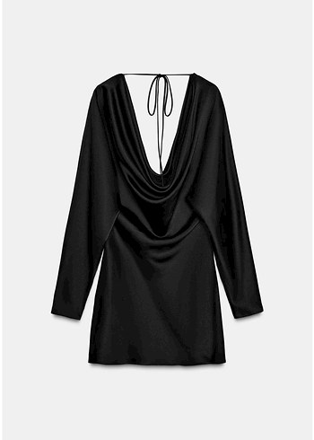 Akıcı Yaka Saten Siyah Elbise Kısa - Görsel 6