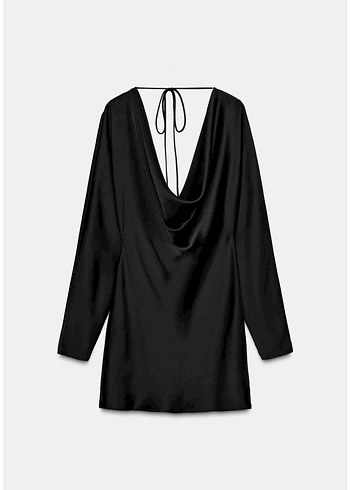 Akıcı Yaka Saten Siyah Elbise Kısa - Görsel 5