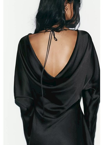 Akıcı Yaka Saten Siyah Elbise Kısa - Görsel 4