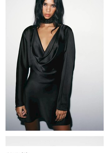 Akıcı Yaka Saten Siyah Elbise Kısa - Görsel 2