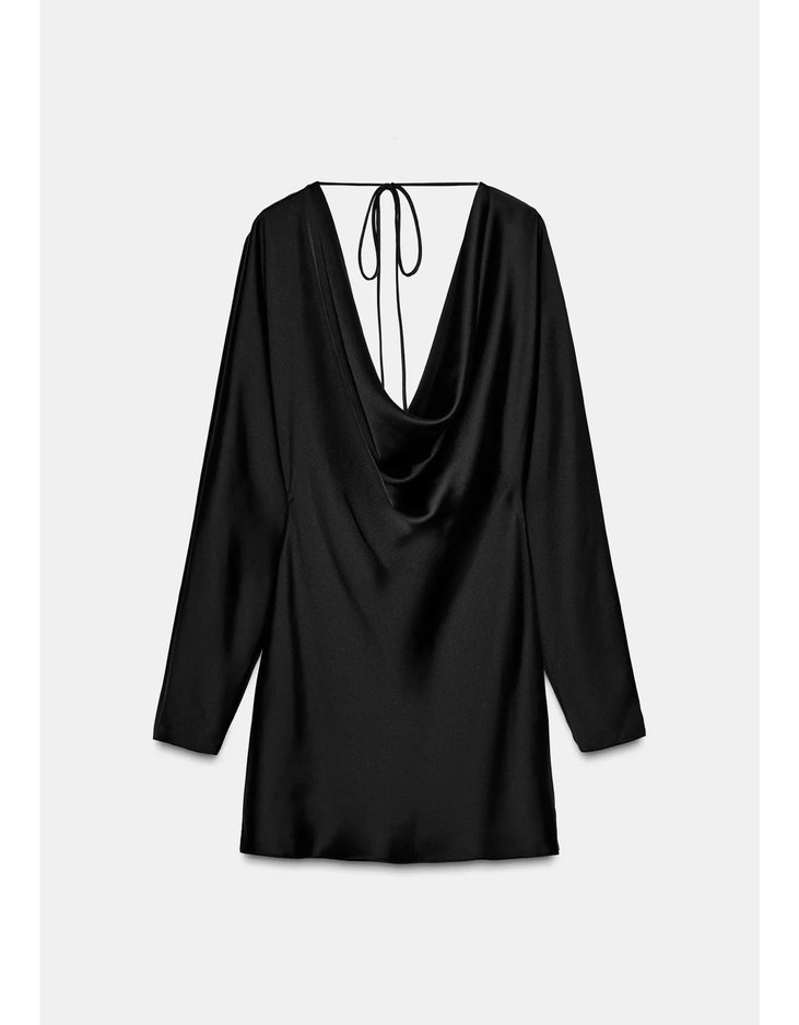 Akıcı Yaka Saten Siyah Elbise Kısa - Görsel 5