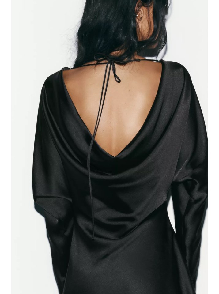 Akıcı Yaka Saten Siyah Elbise Kısa - Görsel 4