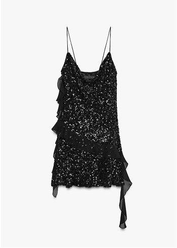 Zara Siyah Pullu Kısa Fırfırlı Elbise - Görsel 5