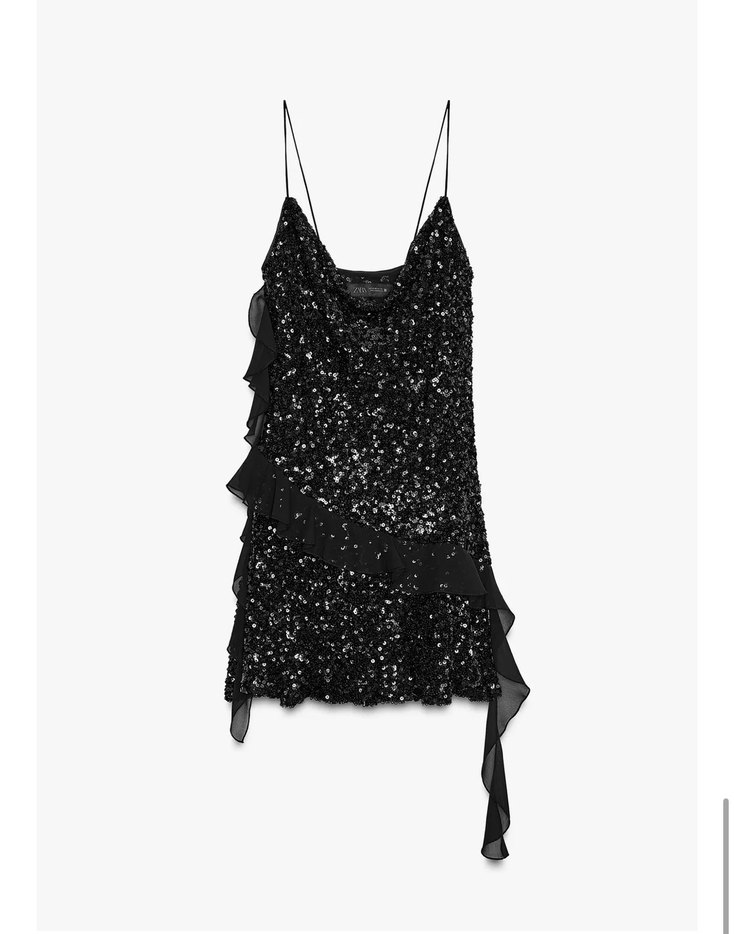 Zara Siyah Pullu Kısa Fırfırlı Elbise - Görsel 5