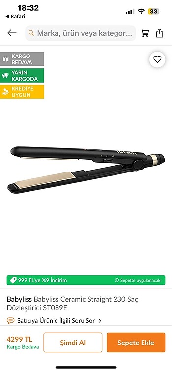 Babyliss ceramic straight 230 derecelik
