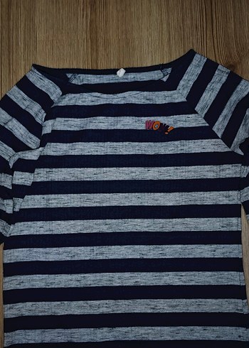 Gri Lacivert Çizgili Düğmeli Uzun Kollu Kadın Tişört - Görsel 3