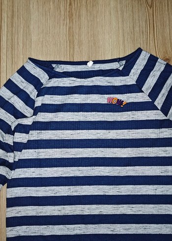 Gri Lacivert Çizgili Düğmeli Uzun Kollu Kadın Tişört - Görsel 2