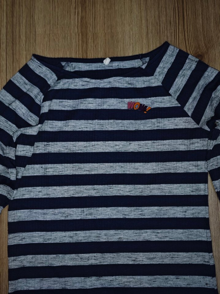 Gri Lacivert Çizgili Düğmeli Uzun Kollu Kadın Tişört - Görsel 3