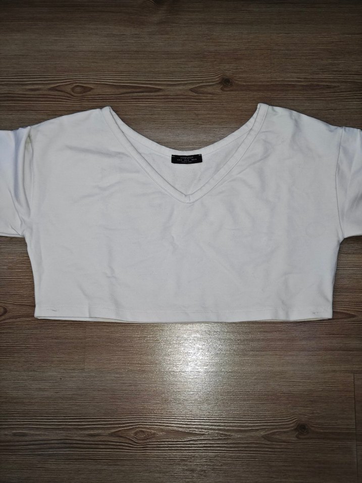 Beyaz V Yaka Crop Top Kadın - Görsel 2