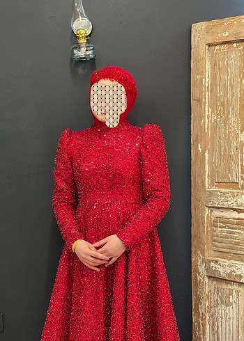 Parlak Kırmızı Drapeli Uzun Henna Elbise