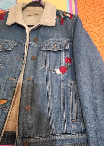 s Beden Nakışlı Mavi Kadın Denim Ceket