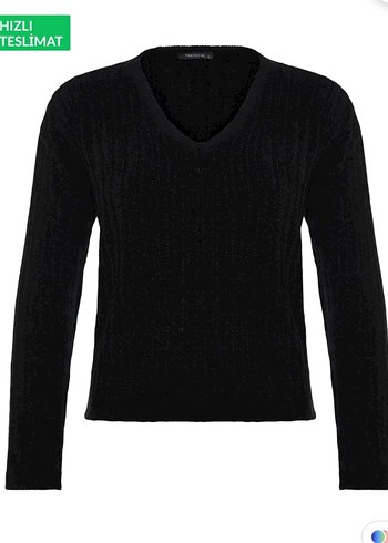 Siyah V Yaka Örgü Kadın Kazak - Görsel 2