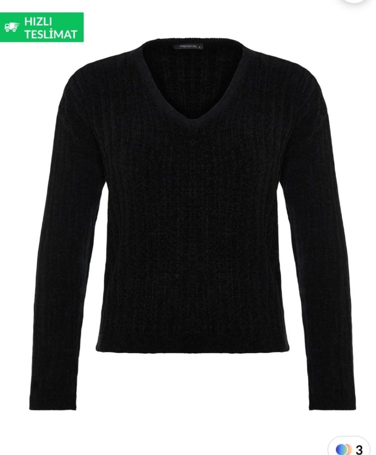 Siyah V Yaka Örgü Kadın Kazak - Görsel 2