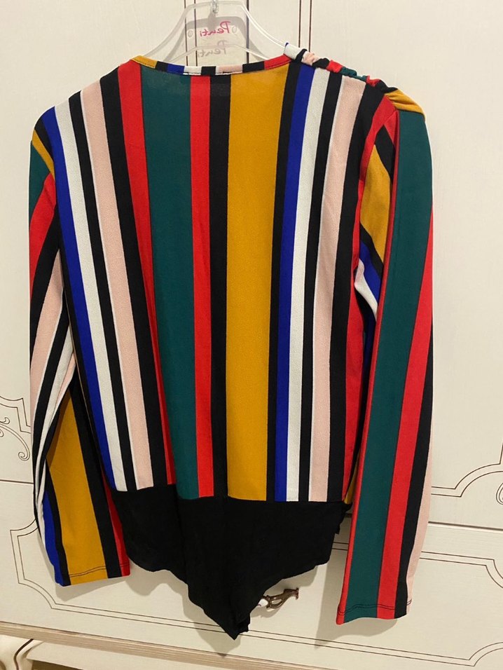 Çizgili, V Yaka, Uzun Kollu Kadın Bluz - Görsel 4