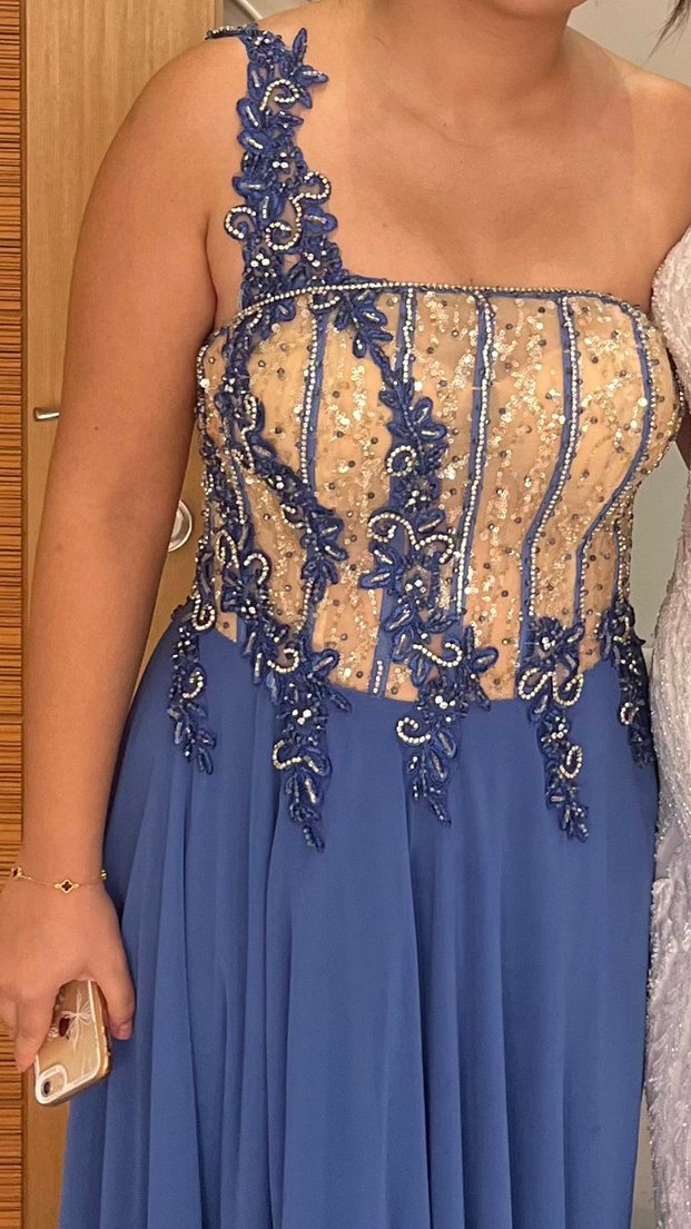 Straplez Mavi Uzun Abiye Elbise - Görsel 3