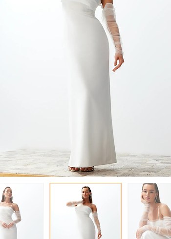 Minimalist Tekne Yaka Uzun Beyaz Gelinlik - Görsel 2