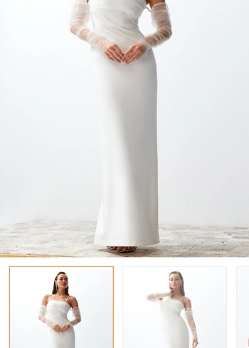 Minimalist Tekne Yaka Uzun Beyaz Gelinlik - Görsel 3