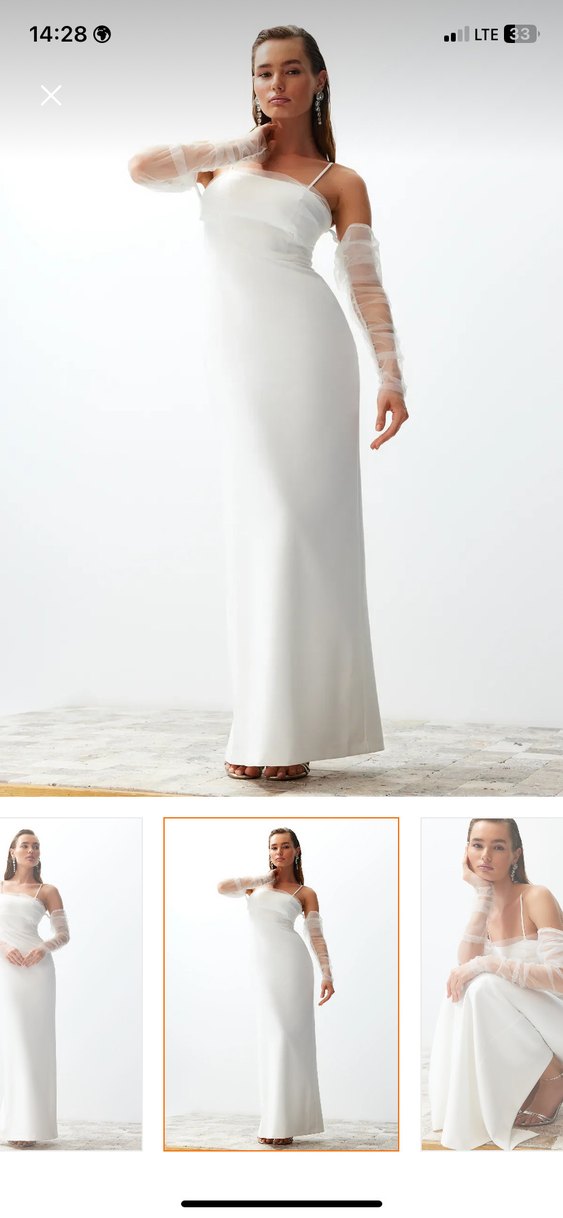 Minimalist Tekne Yaka Uzun Beyaz Gelinlik - Görsel 2