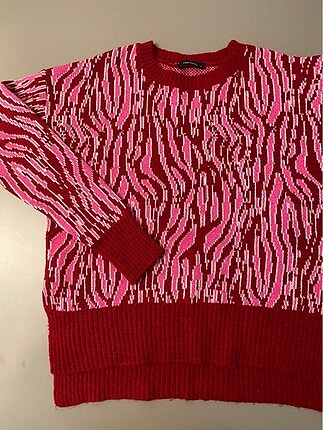 Kırmızı/Pembe Zebra Desenli Uzun Kazak