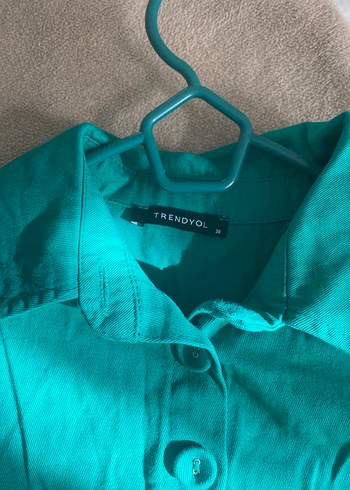 Düğmeli Kısa Kollu Yeşil Keten Elbise - Görsel 5