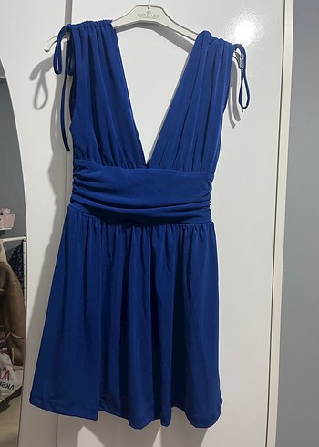 Lacivert V Yaka Pilili Midi Elbise şortlu - Görsel 3