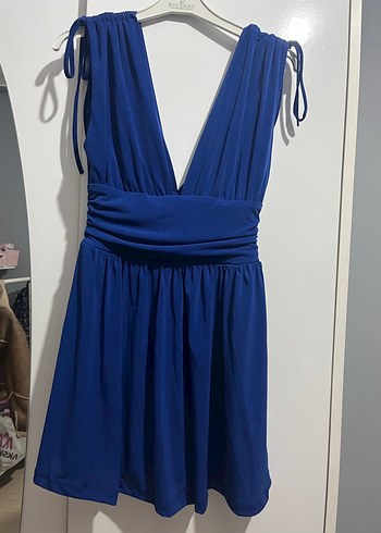 Lacivert V Yaka Pilili Midi Elbise şortlu - Görsel 2