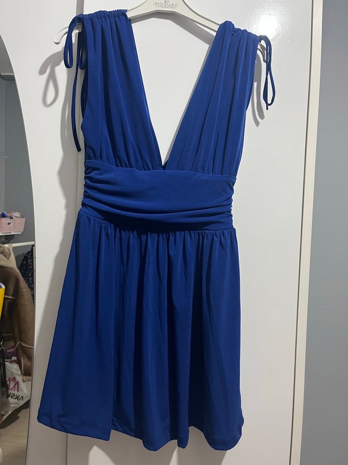 Lacivert V Yaka Pilili Midi Elbise şortlu - Görsel 2