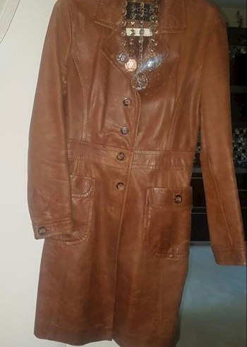 Düğmeli Uzun  Deri Kadın Kaban - Görsel 8