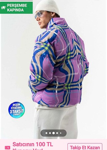 Mor Batik Desenli Şisme Puff Mont - Görsel 3