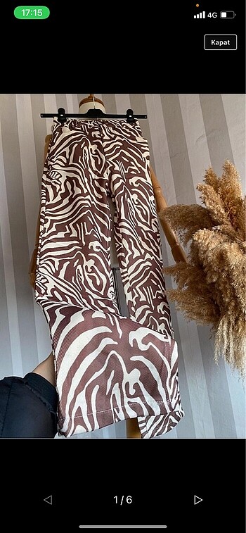 Zebra desen kahverengi bol paça pantolon