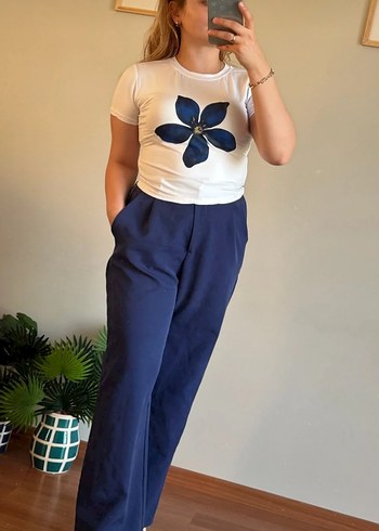 Zara Kadın Mavi Çiçek Baskılı Kısa Kollu Tişört