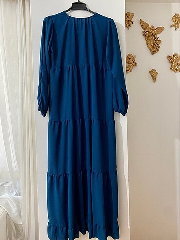 36 Beden Medine ipeği tesettür elbise petrol mavisi