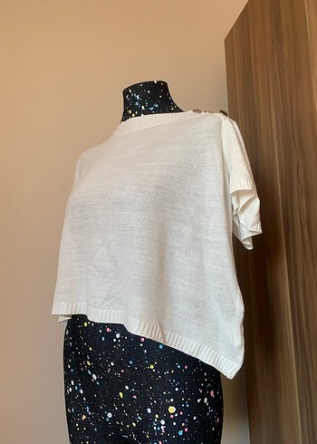 Düğmeli Beyaz Kadın Kısa Kollu Triko - Görsel 4