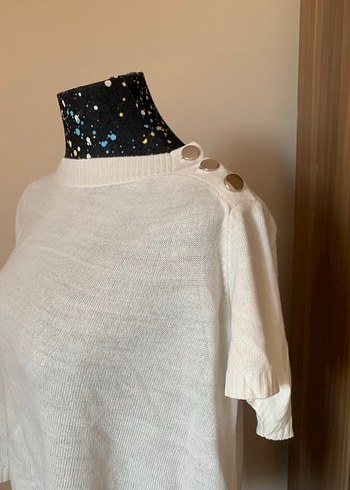 Düğmeli Beyaz Kadın Kısa Kollu Triko - Görsel 12