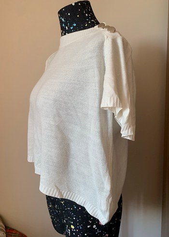 Düğmeli Beyaz Kadın Kısa Kollu Triko - Görsel 7
