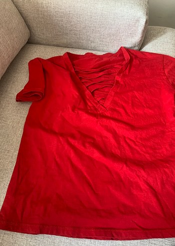 Kısa Kollu V Yaka Kırmızı Tişört - Görsel 7