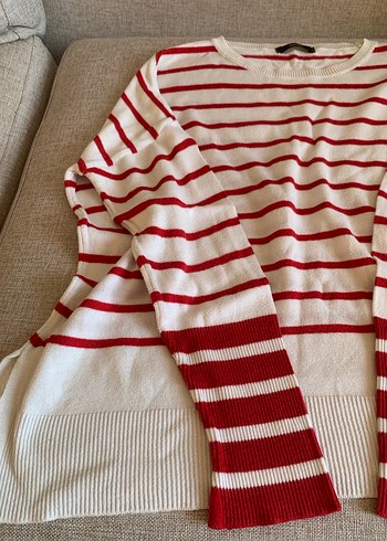 Kırmızı Çizgili Pamuklu Kadın Kazak - Görsel 3