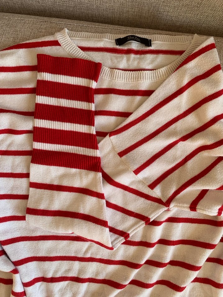 Kırmızı Çizgili Pamuklu Kadın Kazak - Görsel 5