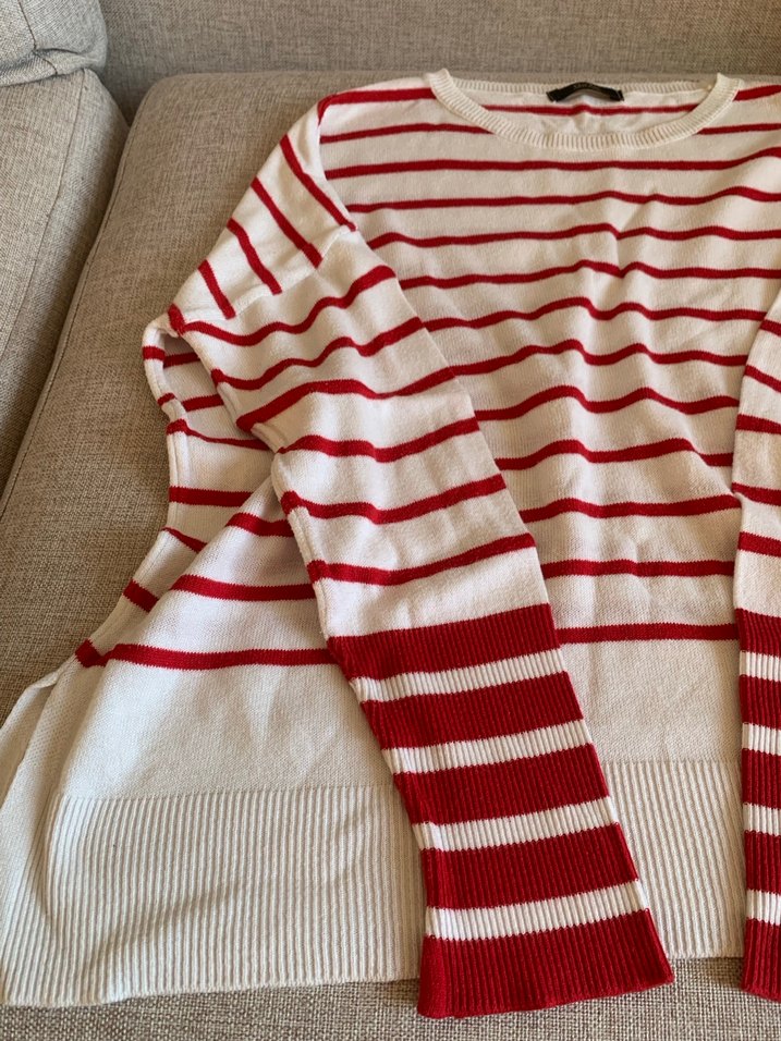 Kırmızı Çizgili Pamuklu Kadın Kazak - Görsel 3