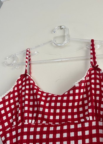Kırmızı Kareli Askılı Midi Elbise - Görsel 3