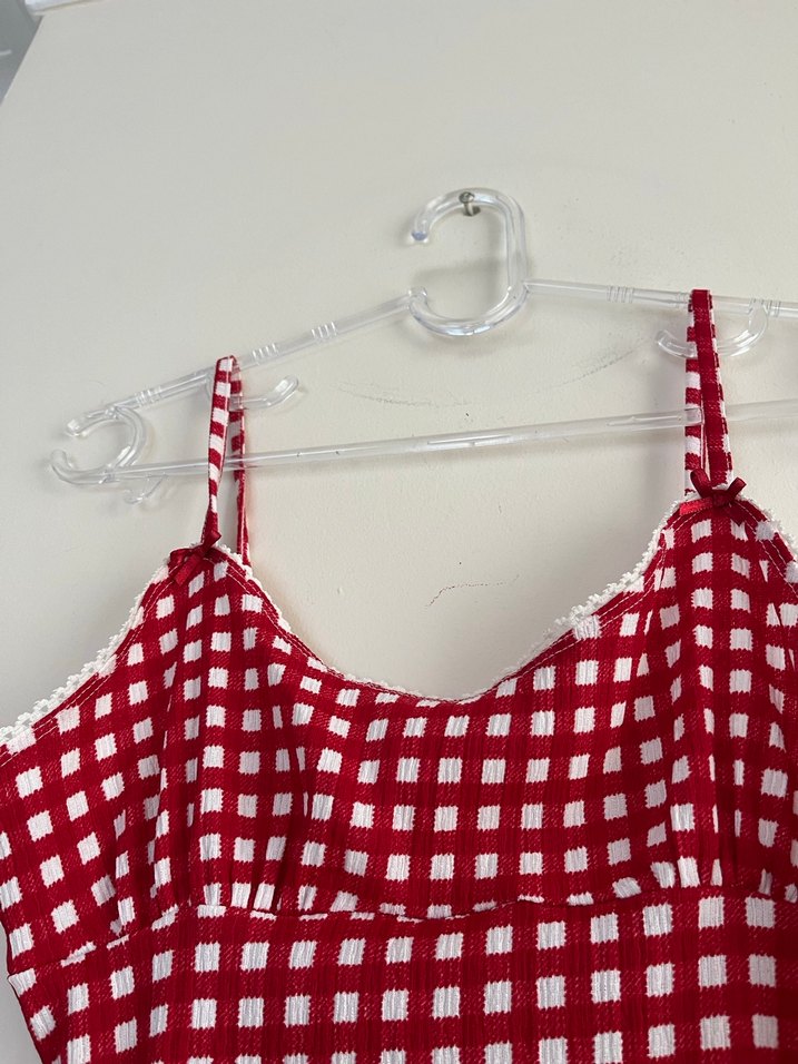 Kırmızı Kareli Askılı Midi Elbise - Görsel 3