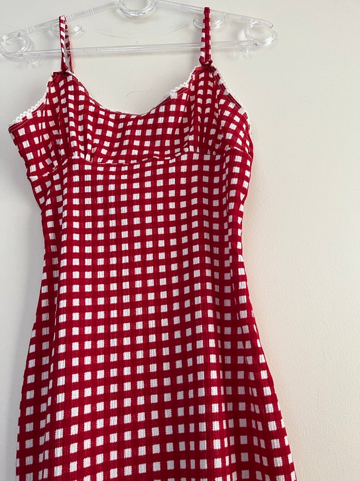 Kırmızı Kareli Askılı Midi Elbise - Görsel 2