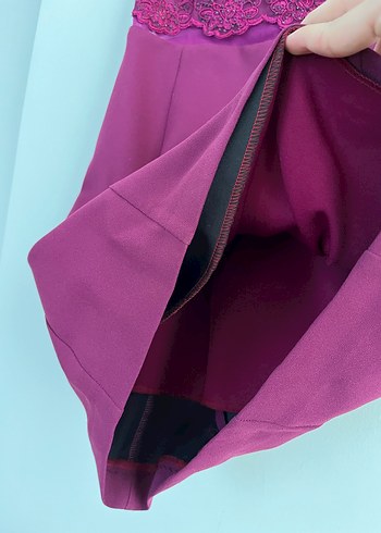 Bordo Dantelli V Yaka Midi Abiye Elbise - Görsel 3