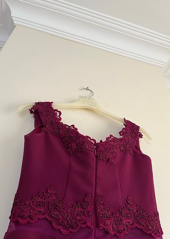 Bordo Dantelli V Yaka Midi Abiye Elbise - Görsel 5