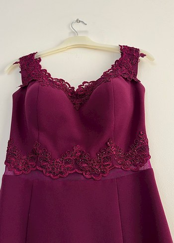 Bordo Dantelli V Yaka Midi Abiye Elbise - Görsel 2