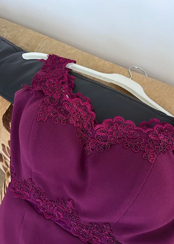 Bordo Dantelli V Yaka Midi Abiye Elbise - Görsel 6