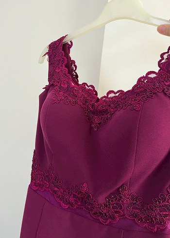 Bordo Dantelli V Yaka Midi Abiye Elbise - Görsel 7