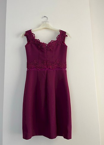 Bordo Dantelli V Yaka Midi Abiye Elbise - Görsel 4