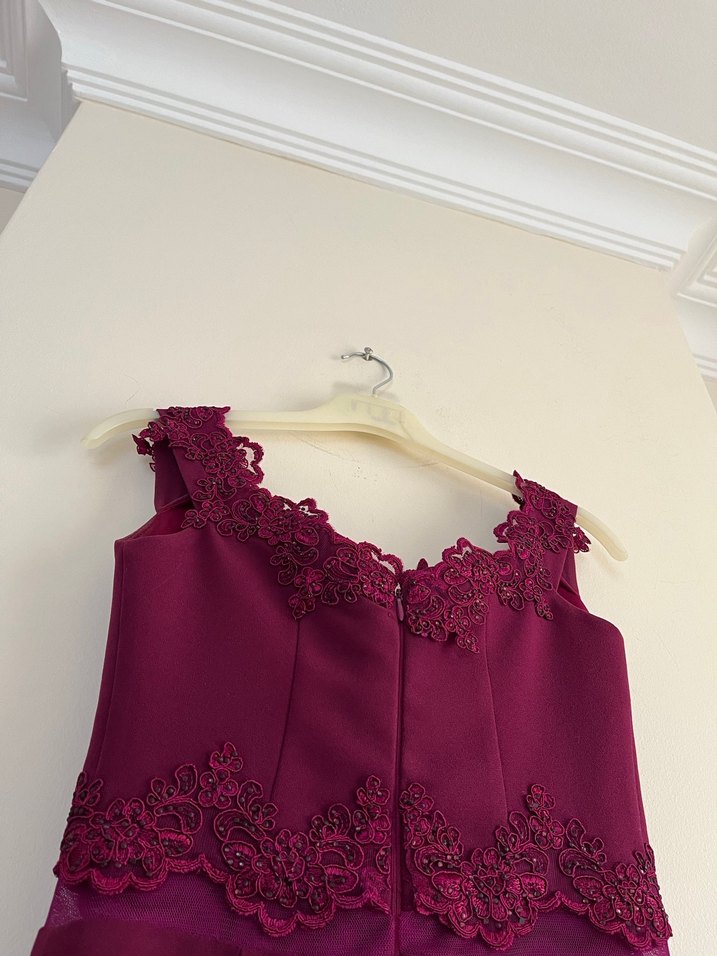 Bordo Dantelli V Yaka Midi Abiye Elbise - Görsel 5