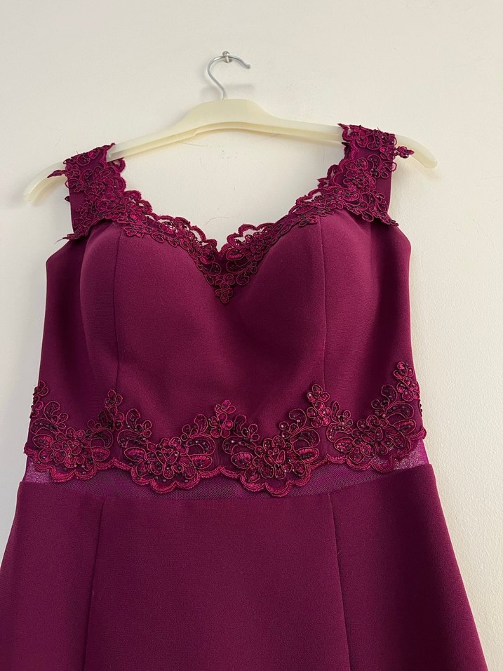 Bordo Dantelli V Yaka Midi Abiye Elbise - Görsel 2